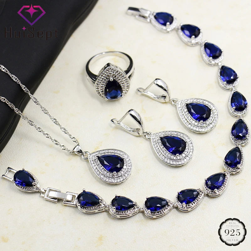 Rings Earrings Necklace Bracelet Silver Jewelry Set for Women Water Drop Shape Sapphire Gemstone Gift