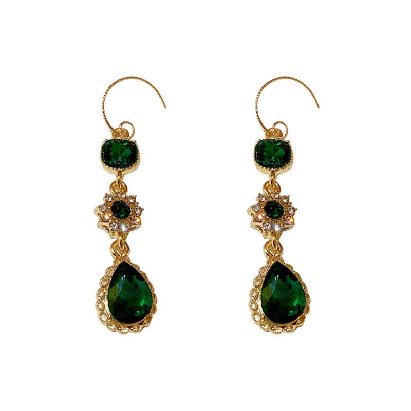 New Fashion Green Gemstone Long Pearl Drop Earrings For Women