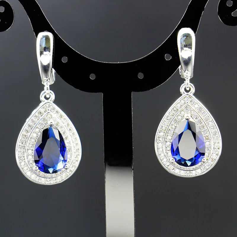 Rings Earrings Necklace Bracelet Silver Jewelry Set for Women Water Drop Shape Sapphire Gemstone Gift