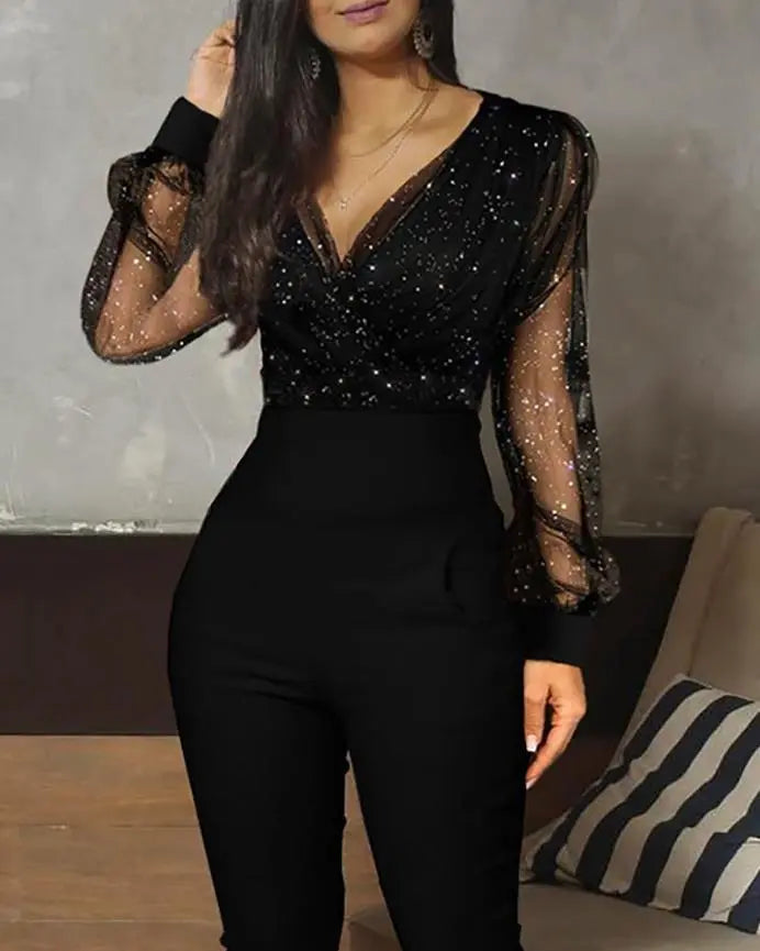 Sexy Glitter Pocket Design Women's Party Evening Jumpsuit