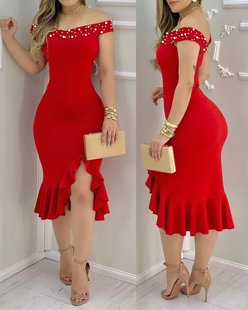 Women Sexy Shiny Rhinestone Embellished Off Shoulder Bodycon Dress