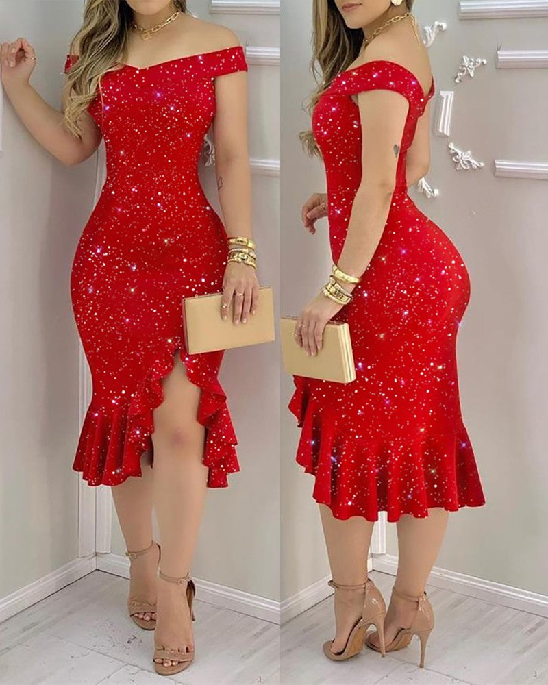 Vestido ajustado con hombros descubiertos adornado con diamantes de imitación brillantes sexy para mujer