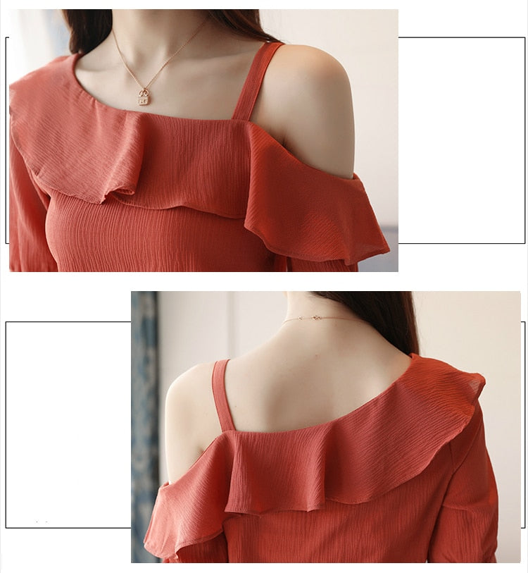 Summer Women Blouses Short Sleeve Chiffon Blouse Off Shoulder Tops