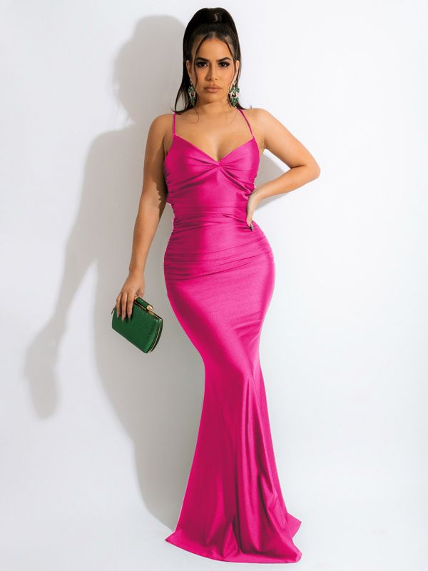 Elegant Women Solid Satin Backless Sexy Party Dress