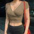 Solid Khaki Cross Crop Top T-shirt Women Slim Short Sleeve