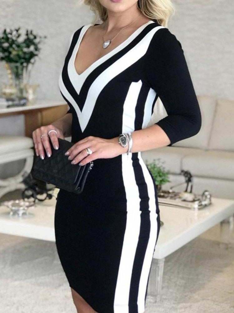 Color Striped Women Sexy V Neck Long Sleeve Party Dress