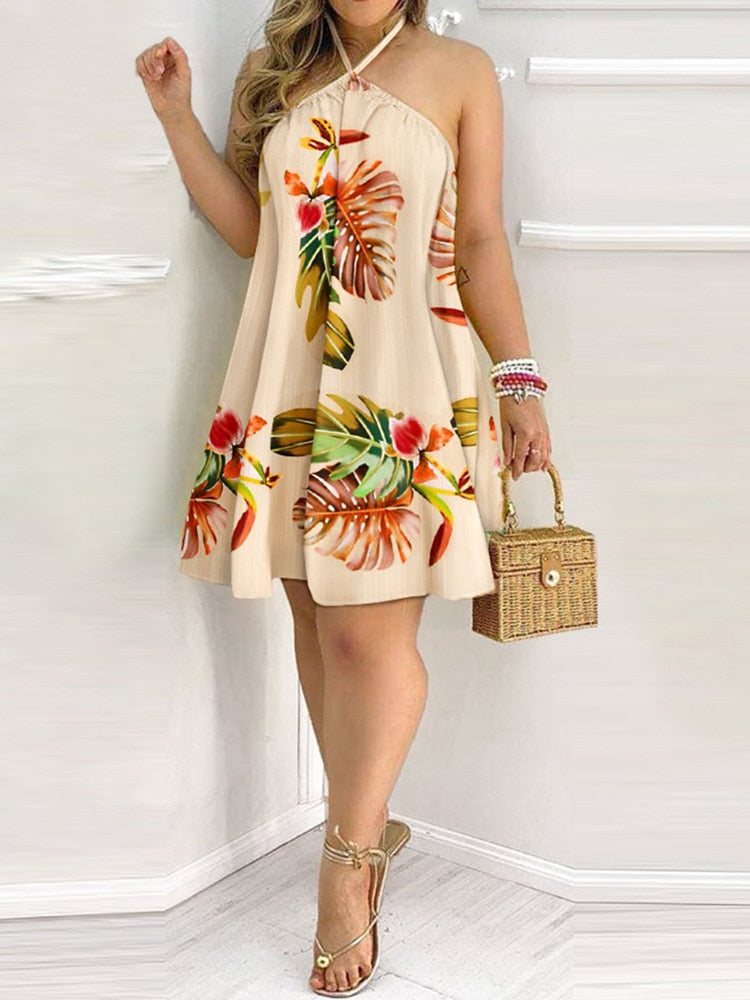 Tropical Print Backless Casual Women Strapless Summer Dress